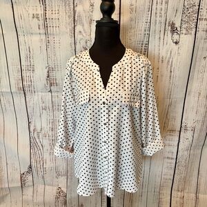 Classic Timeless Casual Long Sleeve Button Down Black and White Polka Dot Blouse
